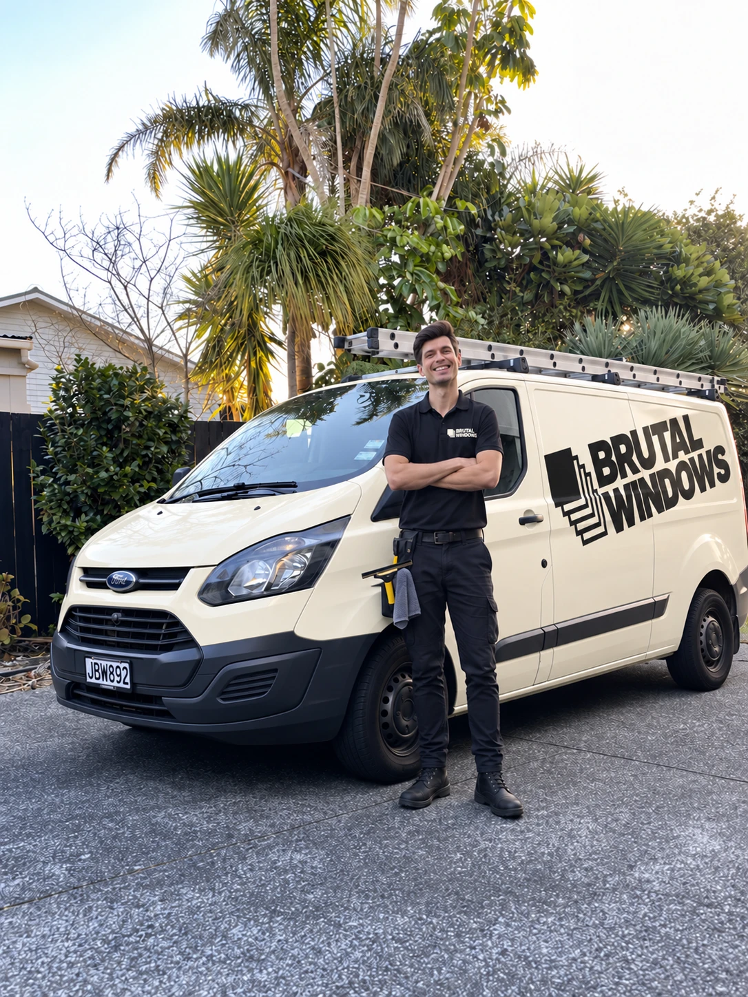 Fraser, your Brutalist, in the Brutal Windows uniform, squeegee on the belt, beside the van