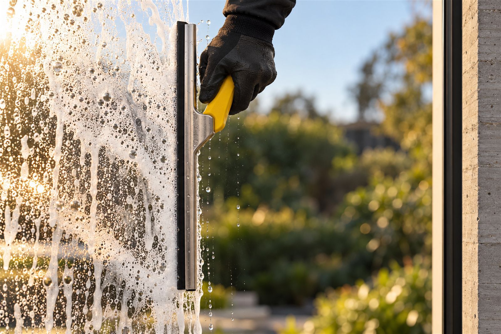 A gloved hand pulling a squeegee down soapy glass, leaving a clear strip with a garden behind