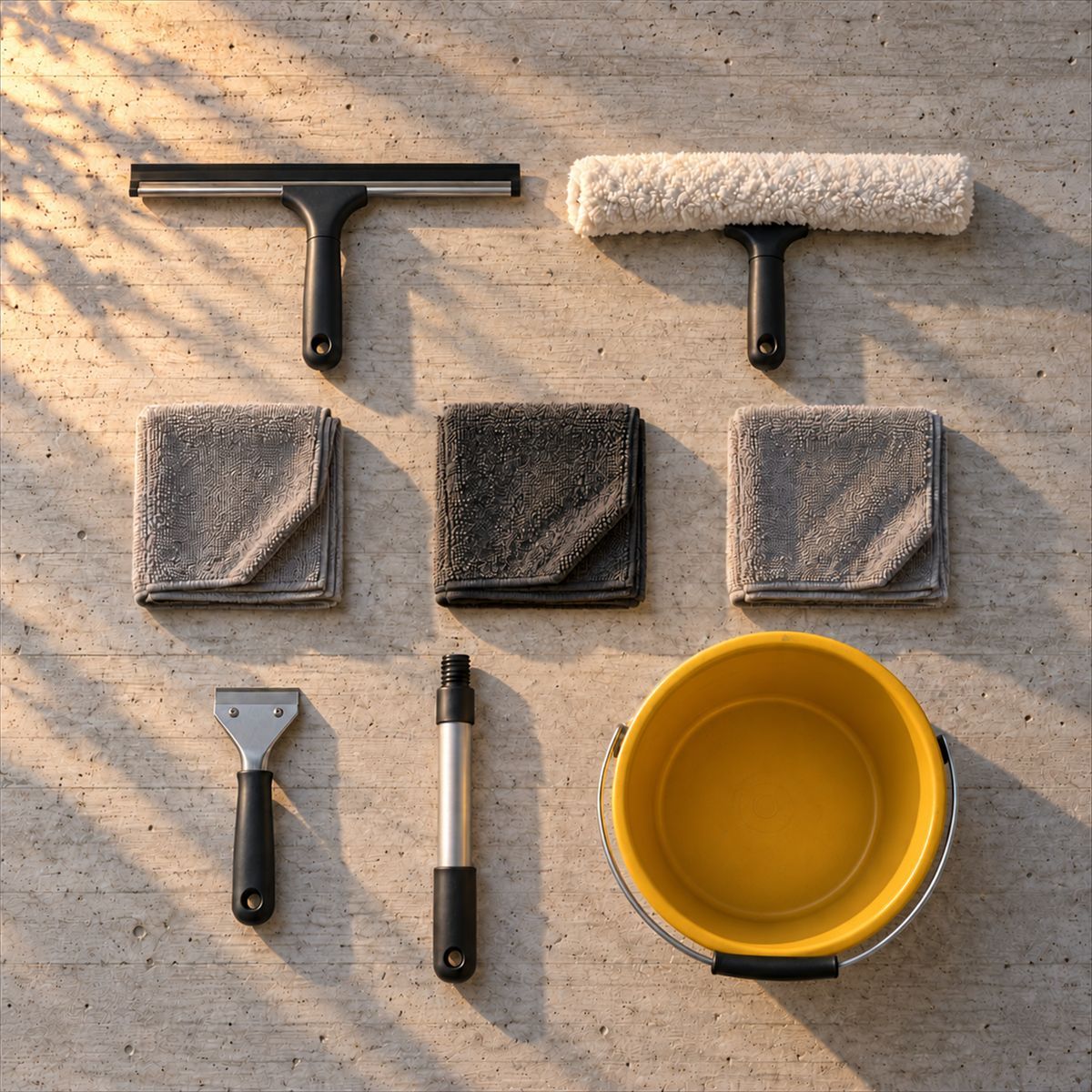 Window cleaning tools laid out in a neat grid on concrete, with a yellow bucket